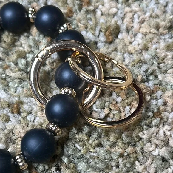 Sunflower Black & Gold Silicone Beaded Keychain Bracelet Wristlet Gold Hardware - Picture 3 of 5